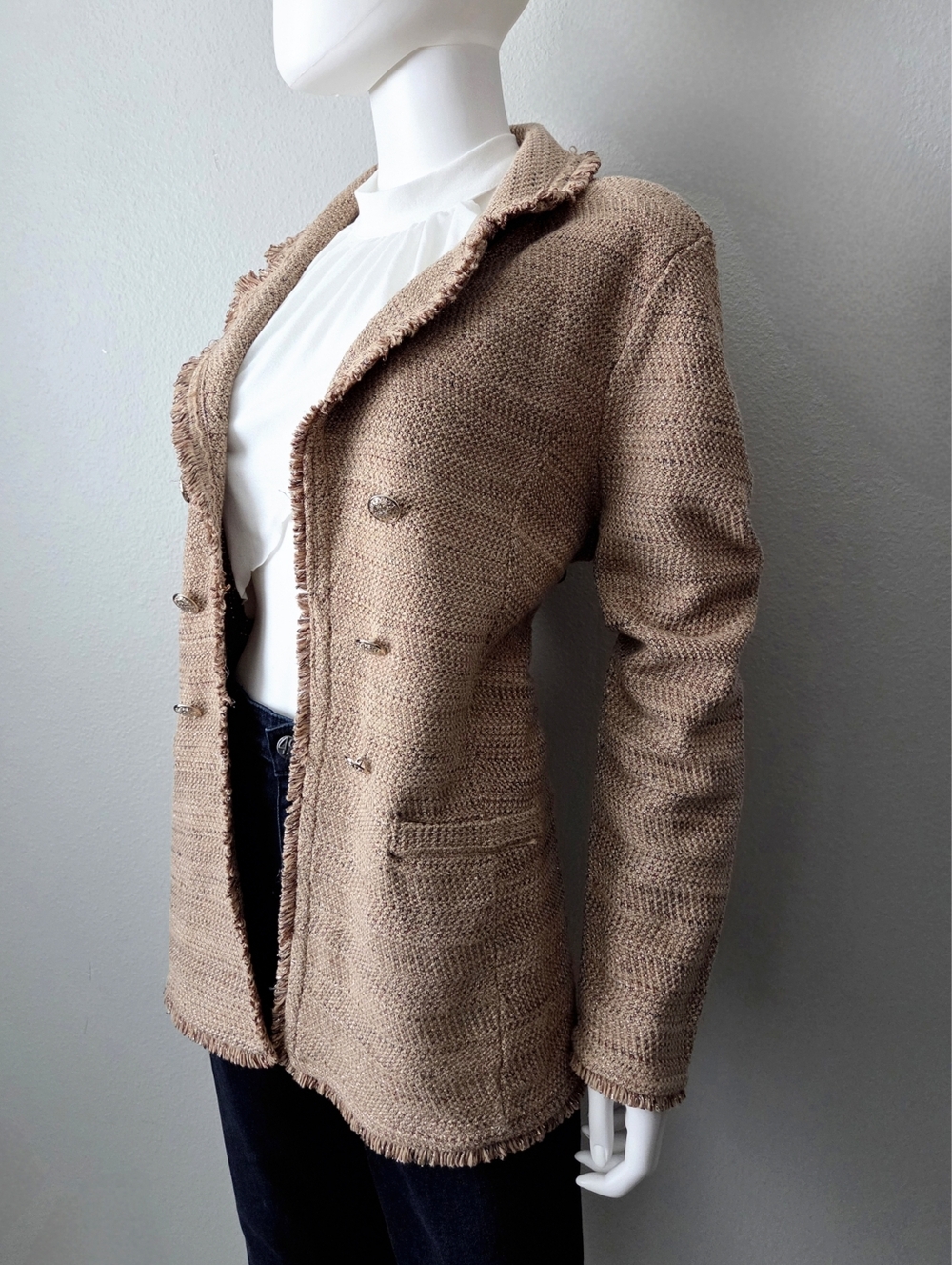 Chico's Metallic Tweed Sweater Blazer, Super Soft Layering Piece Tan & Gold LG - Picture 3 of 16